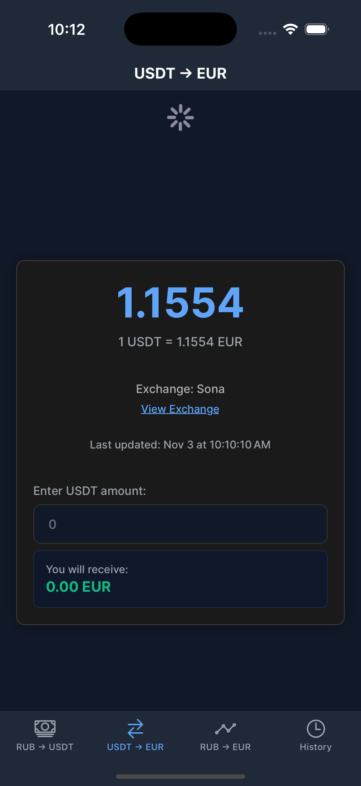 USDT -> EUR - live rate and conversion