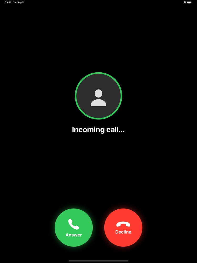 An incoming call on the iPad, with a green Answer button and a red Decline button.