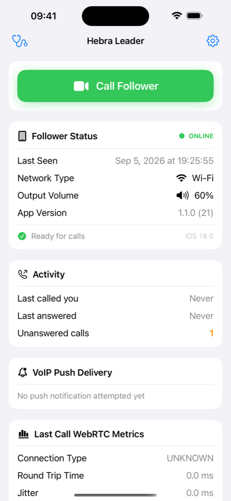 The Hebra Leader screen on an iPhone, showing a Call Follower button and the iPad's status.