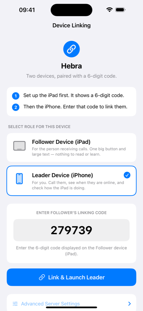 The Hebra setup screen, showing the pairing order and a field for the six-digit linking code.