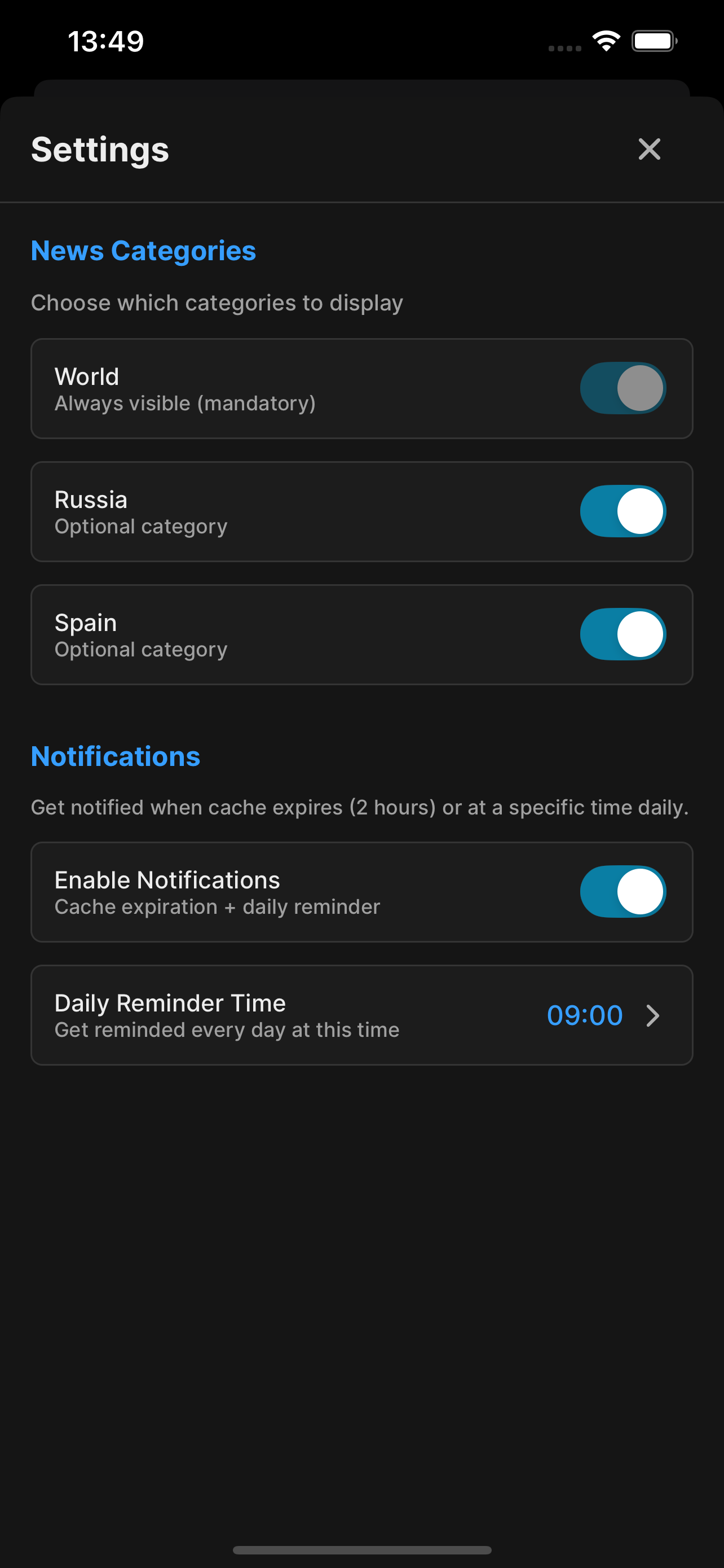N3ws app categories and news feed