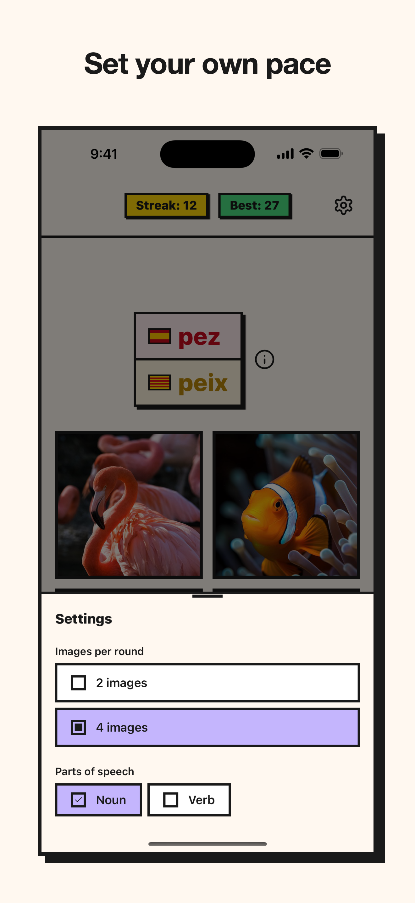 Palabrino settings: pictures per round and which parts of speech to practice