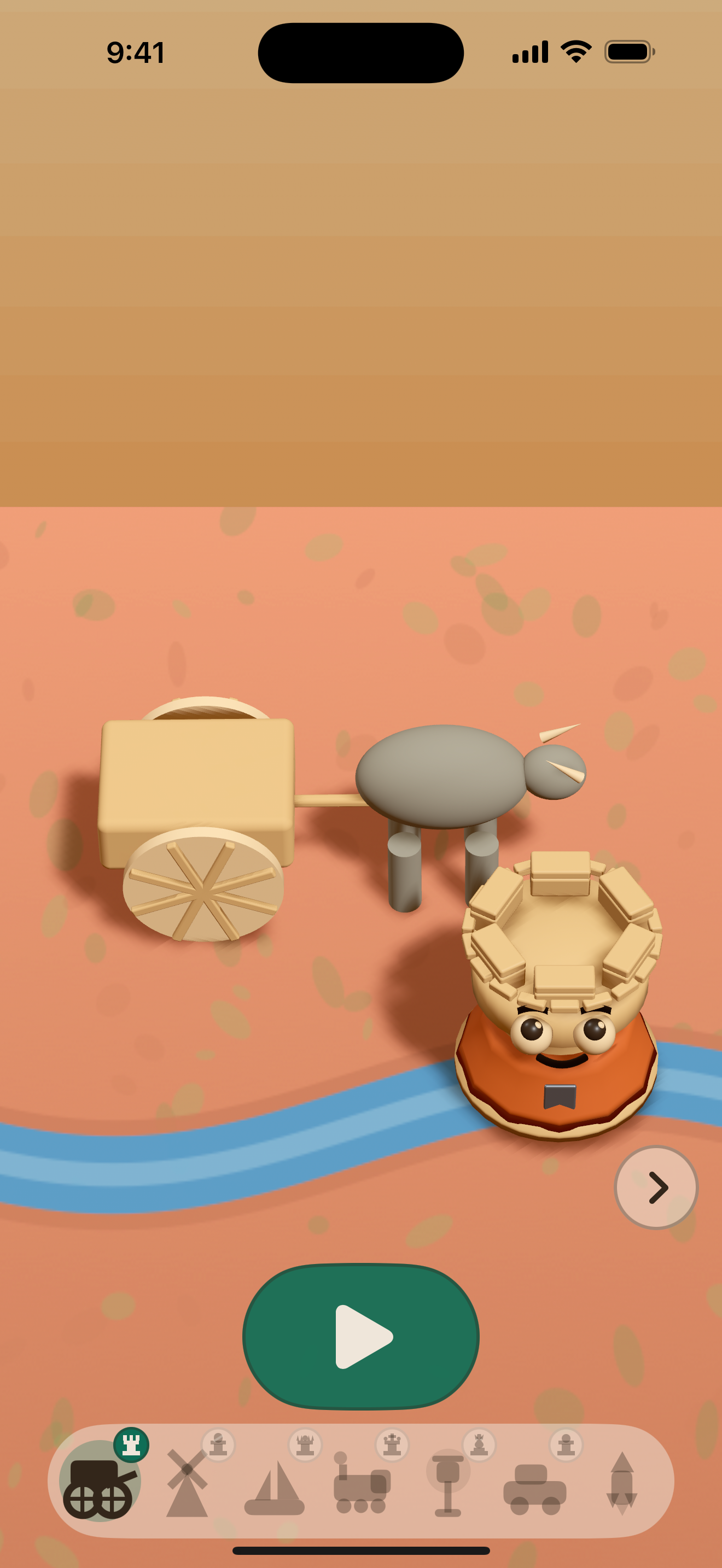 The farm in the year 600: an ox cart, the rook beside it, and a green play button