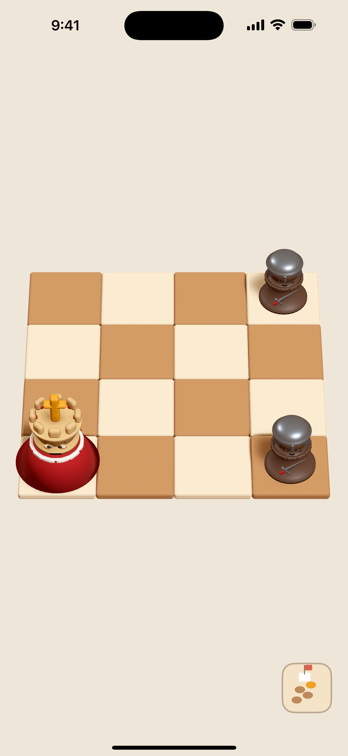 The king in his red mantle on a four-by-four board with two helmeted pawns